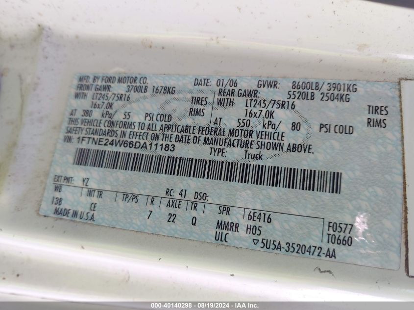 2006 Ford E-250 Commercial/Recreational VIN: 1FTNE24W66DA11183 Lot: 40140298