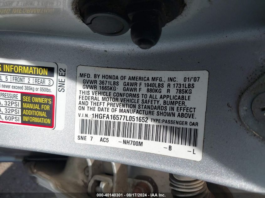 2007 Honda Civic Lx VIN: 1HGFA16577L051652 Lot: 40140301