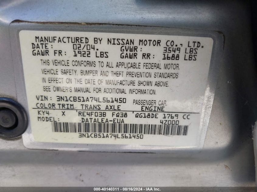 2004 Nissan Sentra 1.8S VIN: 3N1CB51A74L561450 Lot: 40140311