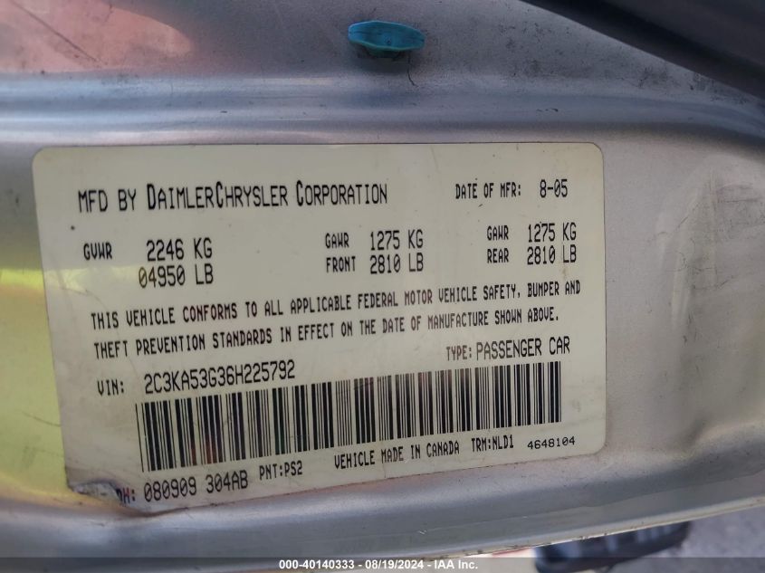 2006 Chrysler 300 Touring VIN: 2C3KA53G36H225792 Lot: 40140333