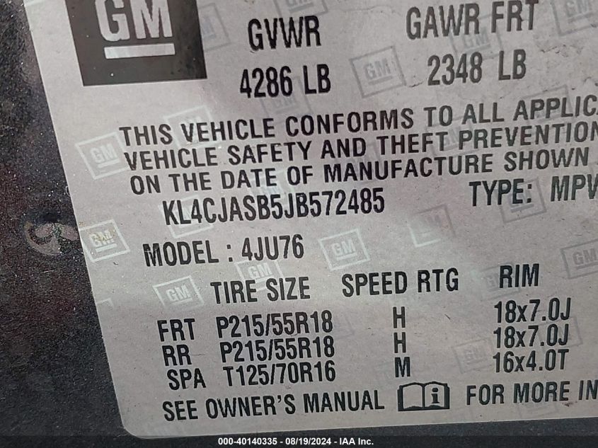 2018 Buick Encore Preferred VIN: KL4CJASB5JB572485 Lot: 40140335