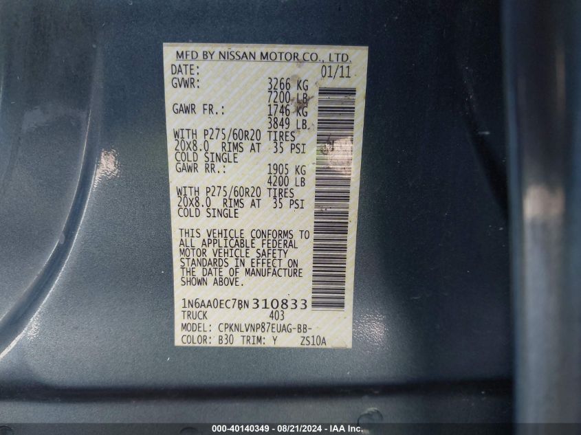 2011 NISSAN TITAN VIN: 1N6AA0EC7BN310833