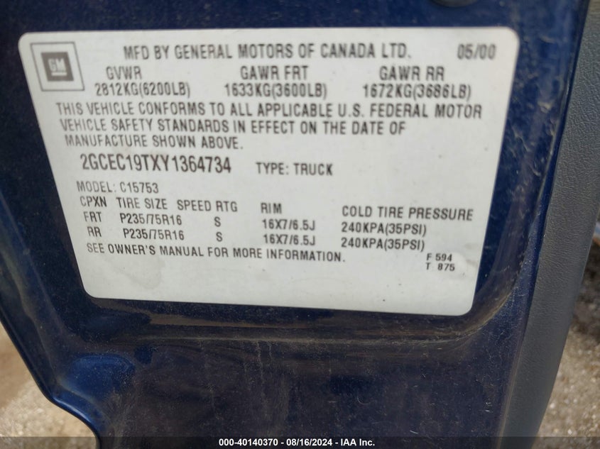 2000 Chevrolet Silverado 1500 Ls VIN: 2GCEC19TXY1364734 Lot: 40140370