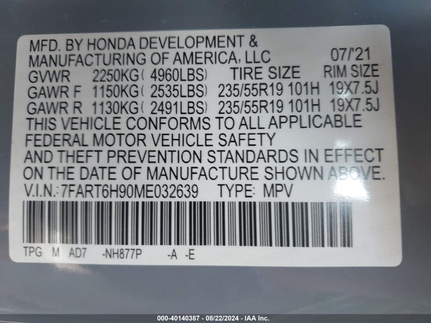 2021 Honda Cr-V Hybrid Touring VIN: 7FART6H90ME032639 Lot: 40140387