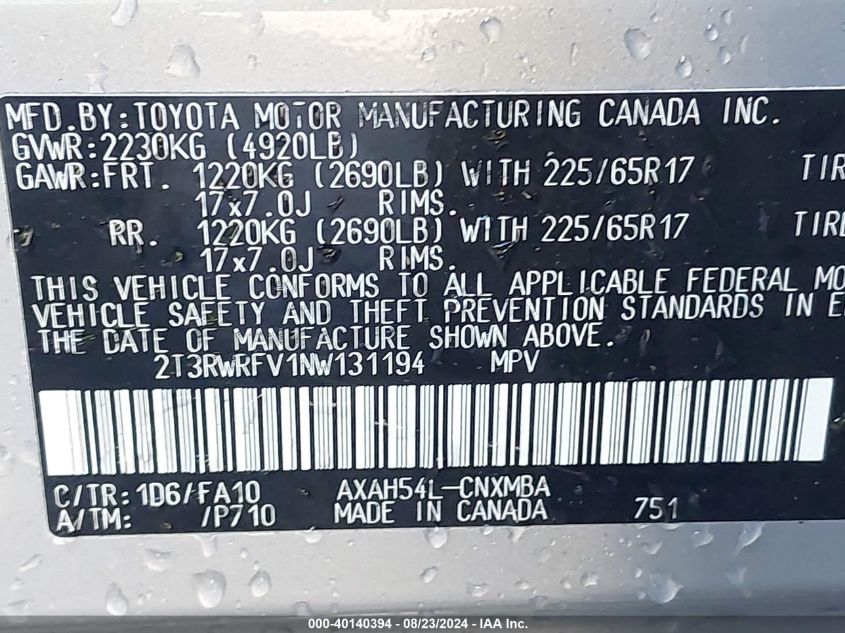 2022 Toyota Rav4 Hybrid Xle VIN: 2T3RWRFV1NW131194 Lot: 40140394