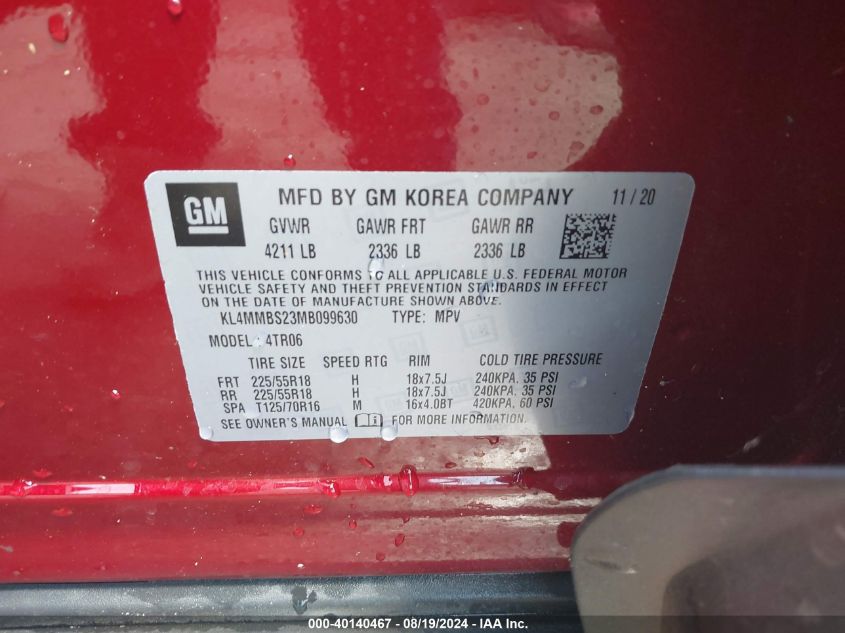 2021 Buick Encore Gx Fwd Preferred VIN: KL4MMBS23MB099630 Lot: 40140467