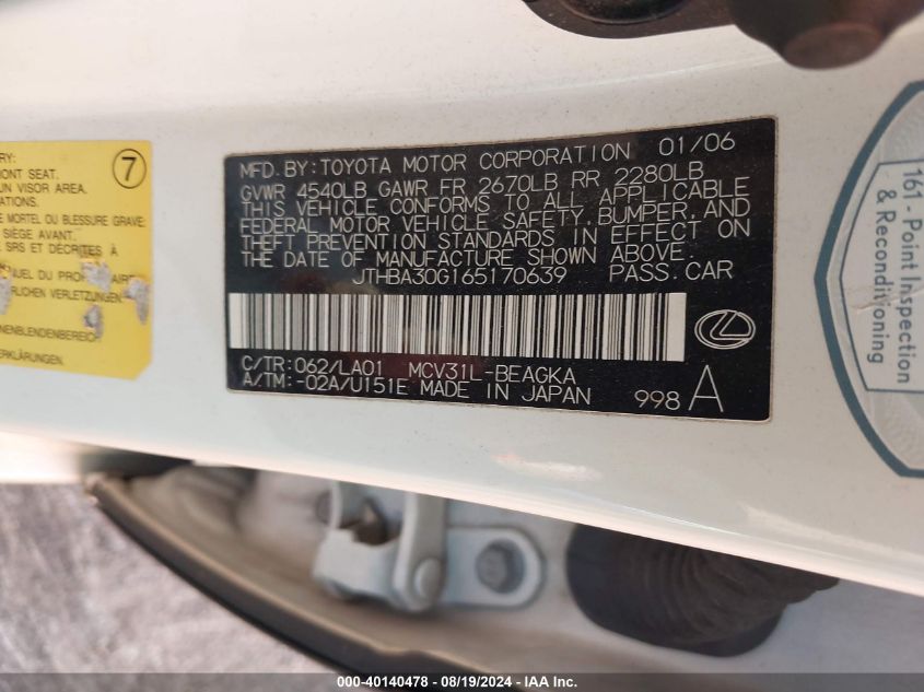 2006 Lexus Es 330 VIN: JTHBA30G165170639 Lot: 40140478