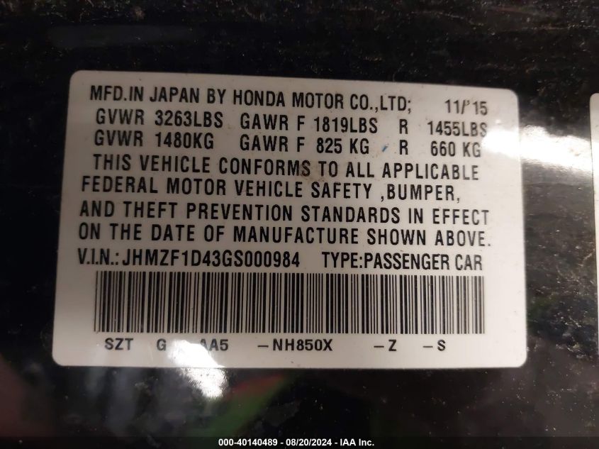 JHMZF1D43GS000984 2016 Honda Cr-Z