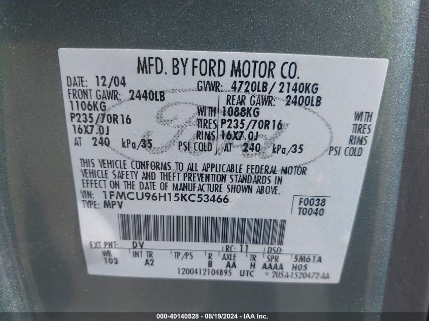 2005 Ford Escape Hybrid VIN: 1FMCU96H15KC53466 Lot: 40140528