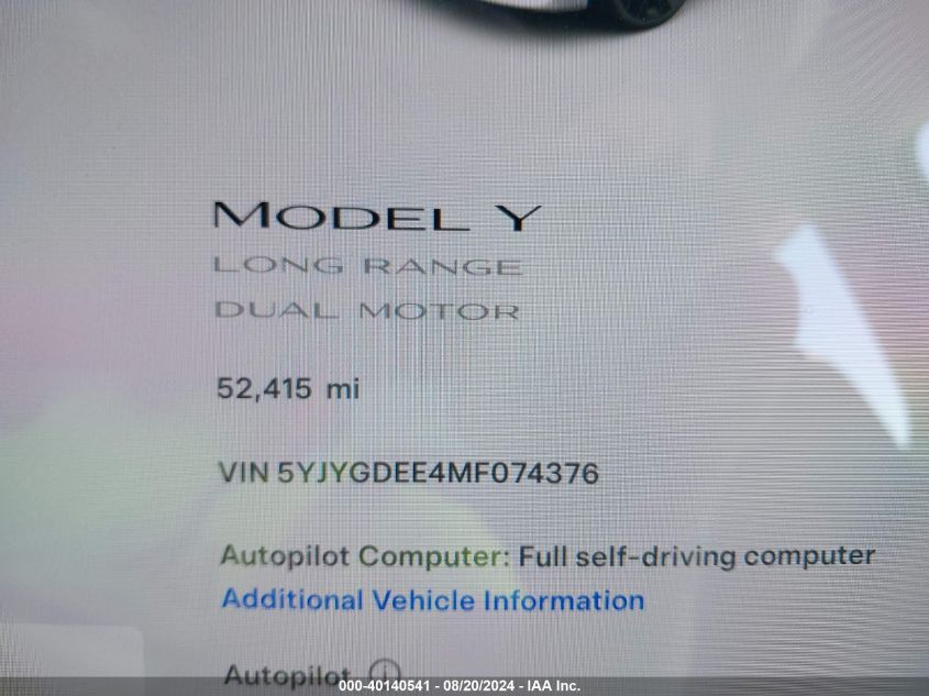 2021 Tesla Model Y Long Range Dual Motor All-Wheel Drive VIN: 5YJYGDEE4MF074376 Lot: 40140541