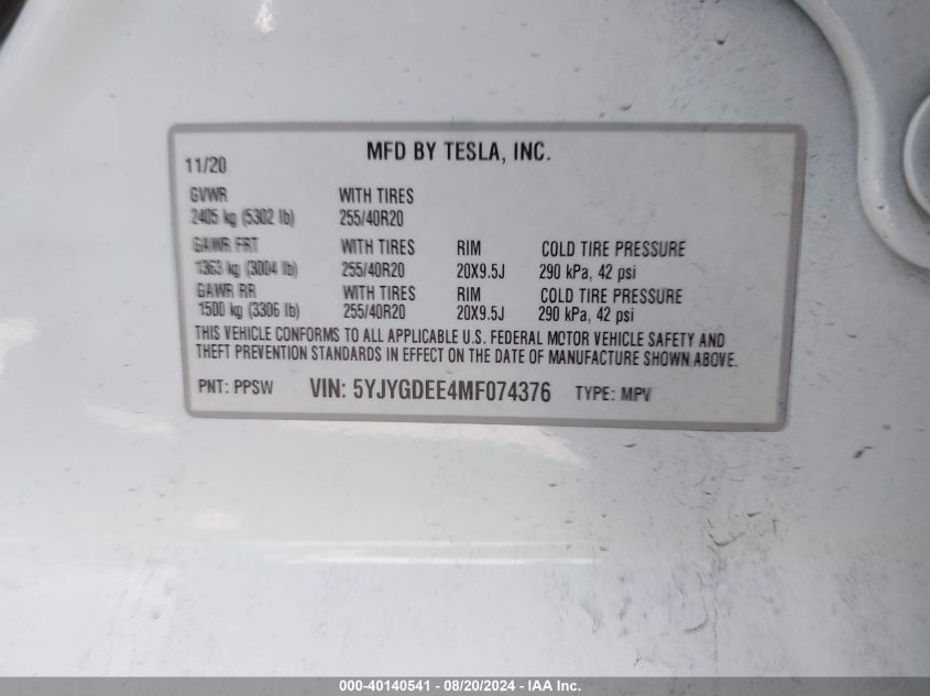 2021 Tesla Model Y Long Range Dual Motor All-Wheel Drive VIN: 5YJYGDEE4MF074376 Lot: 40140541