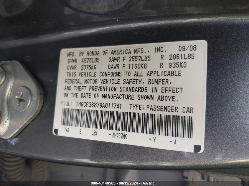 2009 Honda Accord 3.5 Ex-L VIN: 1HGCP36879A011741 Lot: 40140563