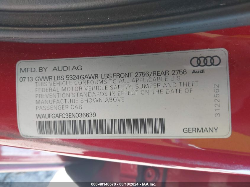 2014 Audi A6 3.0T Premium Plus VIN: WAUFGAFC3EN036639 Lot: 40140570