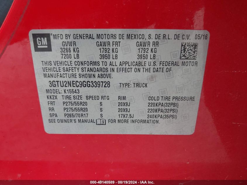 2016 GMC Sierra 1500 Slt VIN: 3GTU2NEC9GG339728 Lot: 40140589