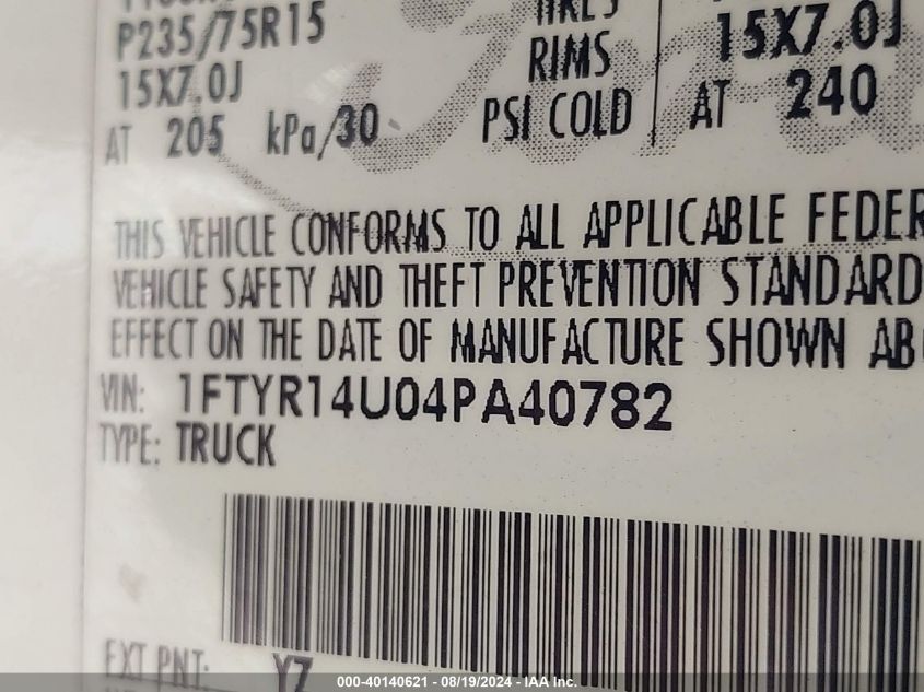 2004 Ford Ranger Edge/Tremor/Xl/Xlt VIN: 1FTYR14U04PA40782 Lot: 40140621