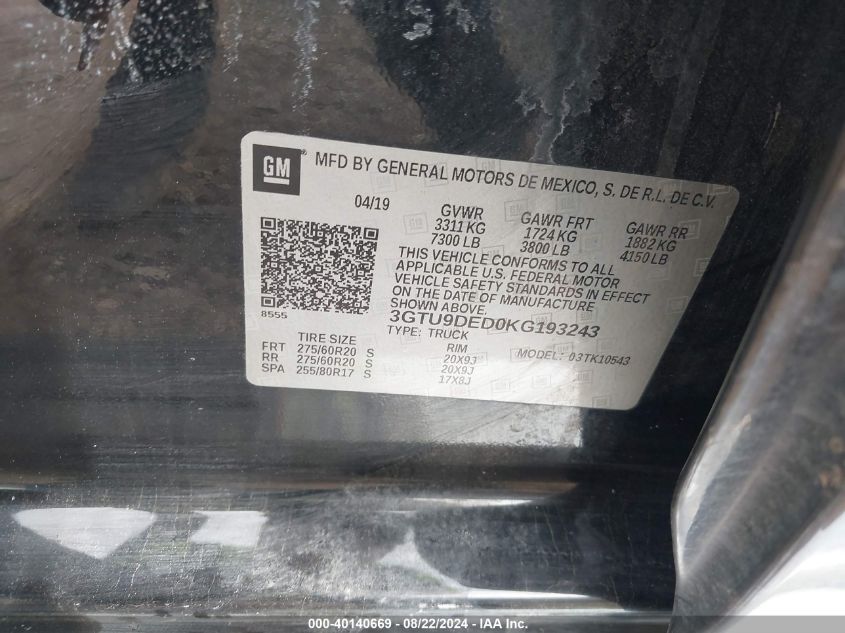 3GTU9DED0KG193243 2019 GMC Sierra 1500 Slt