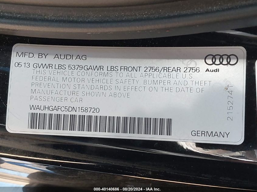 2013 Audi A6 3.0T Premium VIN: WAUHGAFC5DN158720 Lot: 40140686