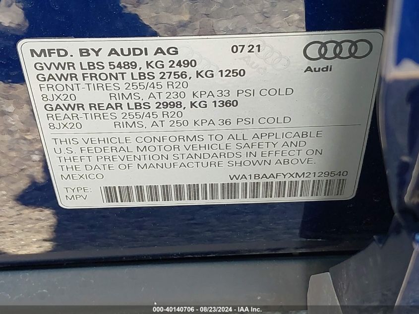 2021 Audi Q5 Premium Plus 45 Tfsi Quattro S Tronic VIN: WA1BAAFYXM2129540 Lot: 40140706