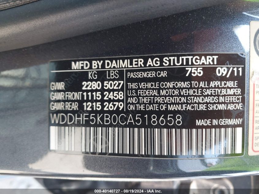 2012 Mercedes-Benz E 350 VIN: WDDHF5KB0CA518658 Lot: 40140727