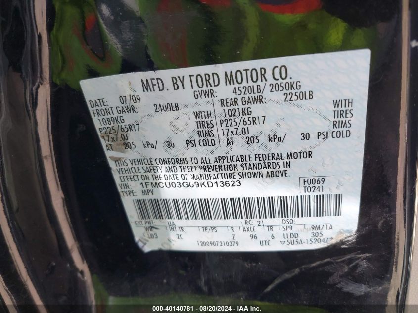 2009 Ford Escape Xlt VIN: 1FMCU03G09KD13623 Lot: 40140781