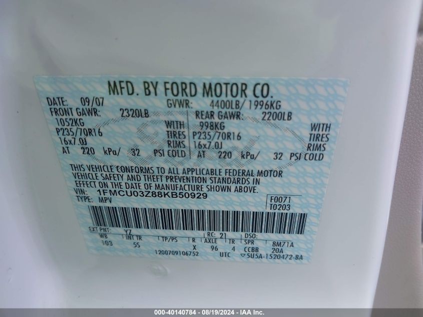 2008 Ford Escape Xlt VIN: 1FMCU03Z88KB50929 Lot: 40140784