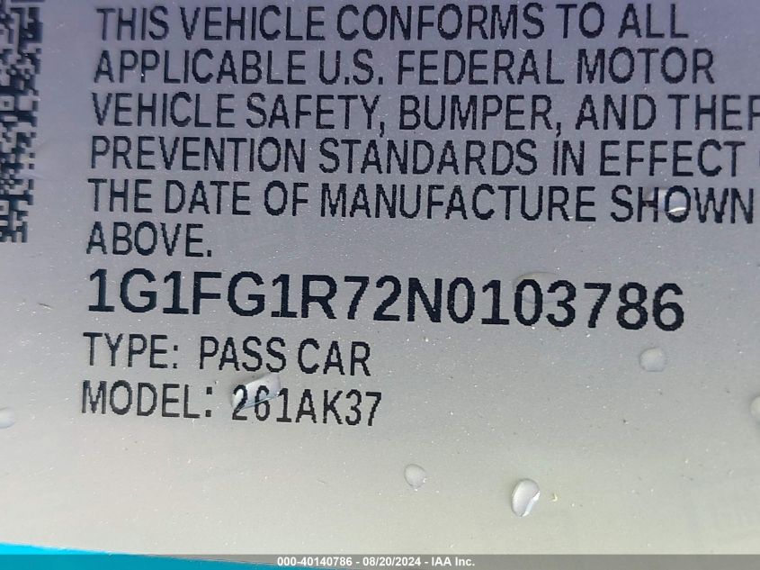 2022 Chevrolet Camaro Rwd 2Ss VIN: 1G1FG1R72N0103786 Lot: 40140786