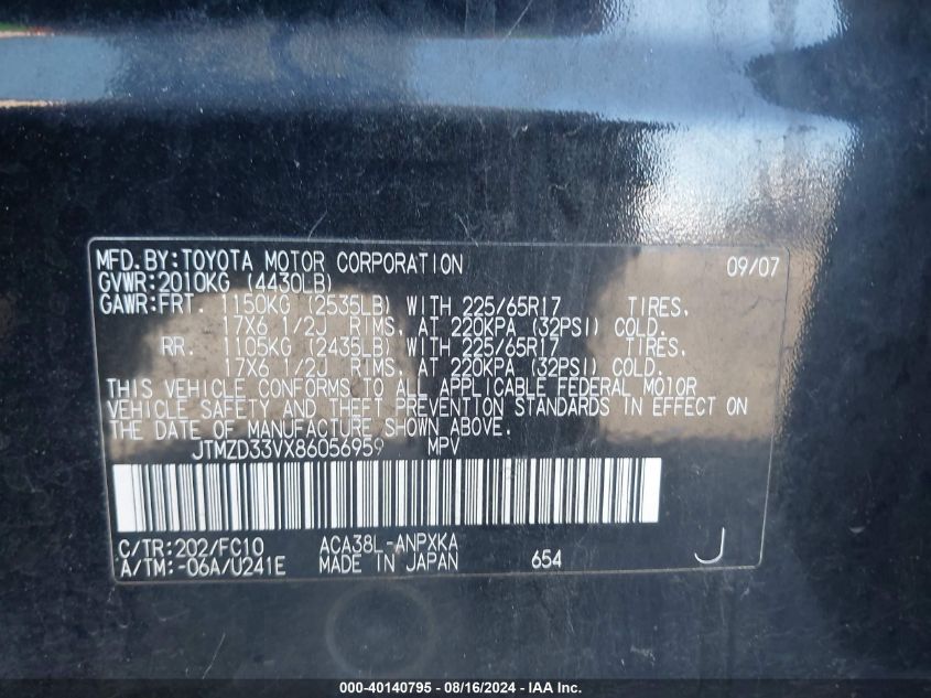 2008 Toyota Rav4 VIN: JTMZD33VX86056959 Lot: 40140795