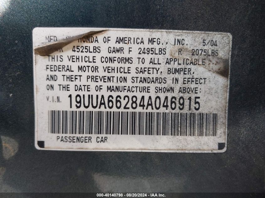 2004 Acura Tl VIN: 19UUA66284A046915 Lot: 40140798