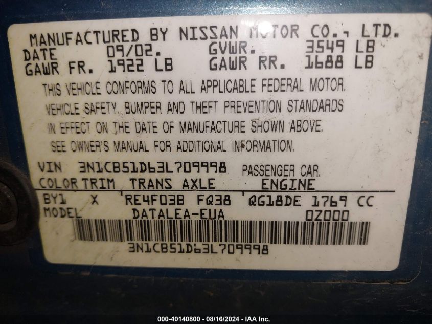 2003 Nissan Sentra Gxe VIN: 3N1CB51D63L709998 Lot: 40140800