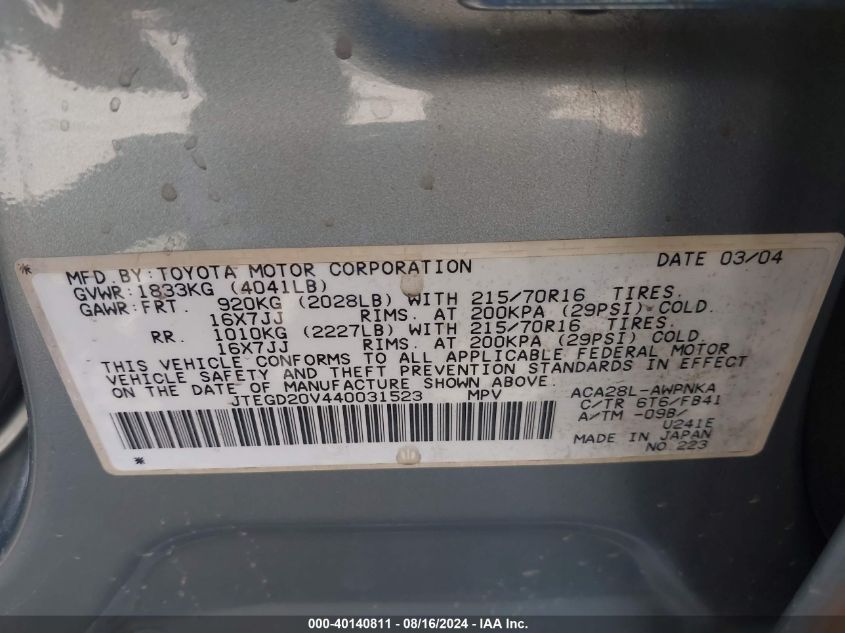 2004 Toyota Rav4 VIN: JTEGD20V440031523 Lot: 40140811
