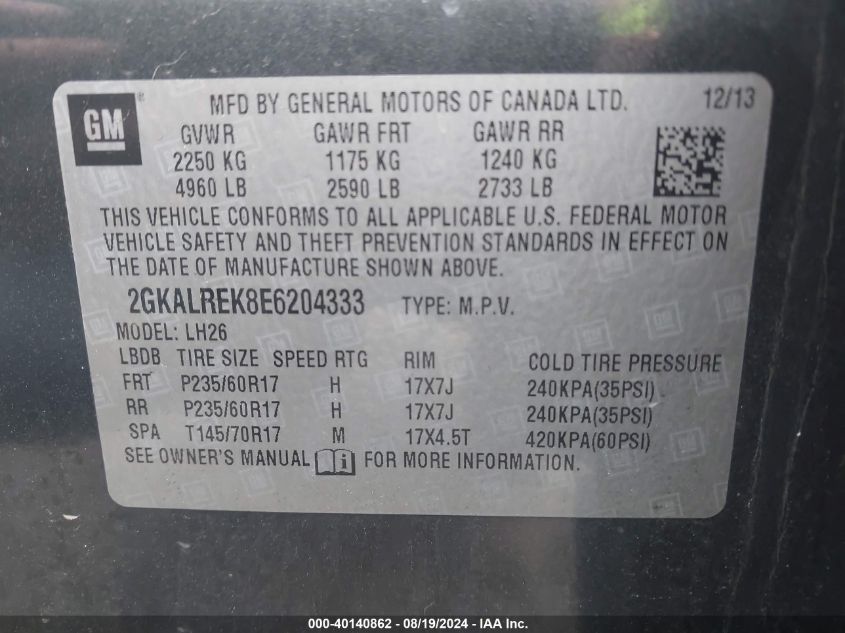 2014 GMC Terrain Sle-2 VIN: 2GKALREK8E6204333 Lot: 40140862