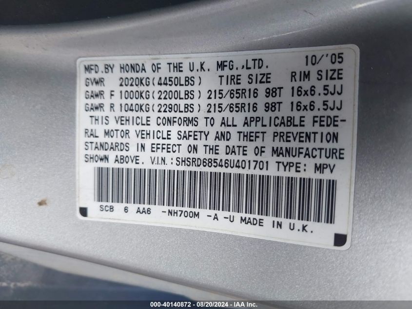SHSRD68546U401701 2006 Honda Cr-V Lx