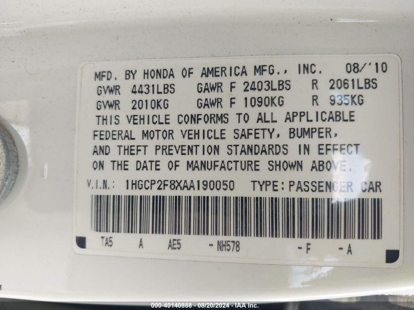 2010 Honda Accord Sdn 2.4 Ex-L/Ex-L VIN: 1HGCP2F8XAA190050 Lot: 40140888