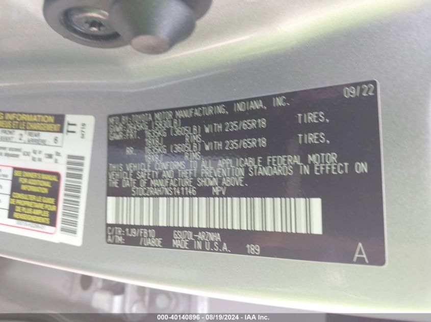 2022 Toyota Highlander L VIN: 5TDCZRAH7NS141146 Lot: 40140896