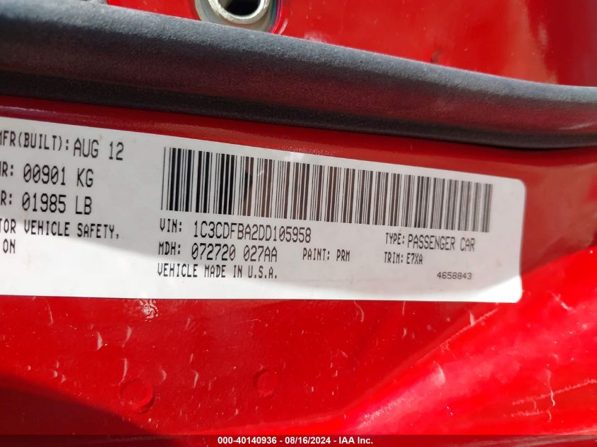 2013 Dodge Dart Sxt VIN: 1C3CDFBA2DD105958 Lot: 40140936