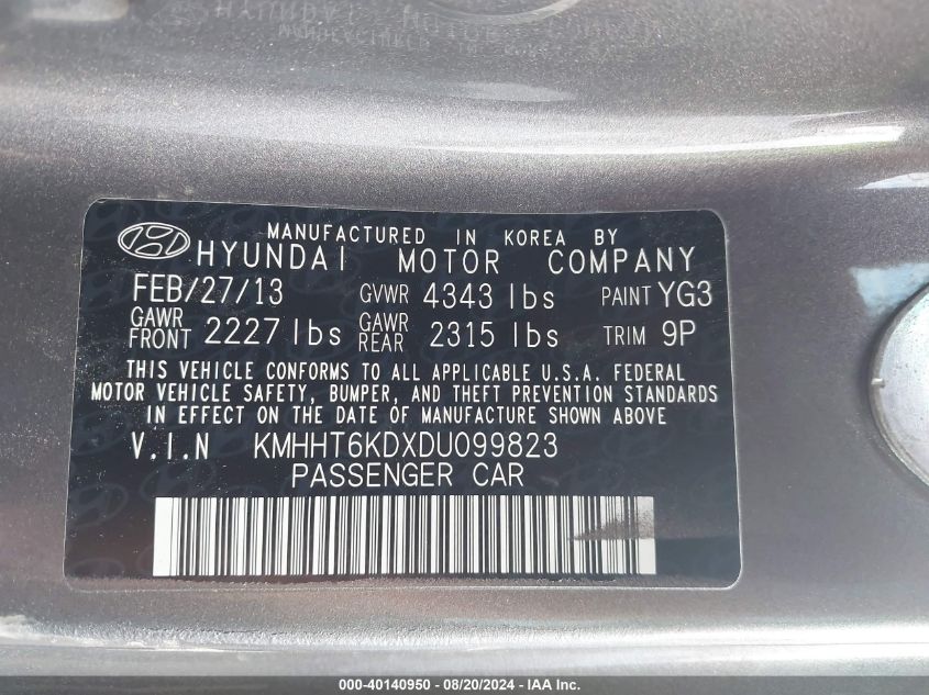 2013 Hyundai Genesis 2.0T Premium VIN: KMHHT6KDXDU099823 Lot: 40140950