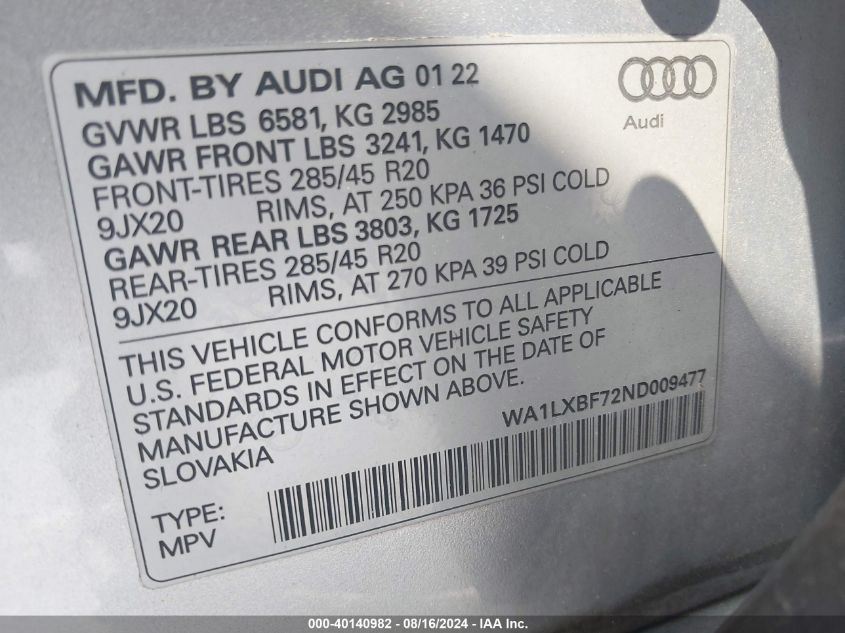 2022 Audi Q7 Premium Plus 55 Tfsi Quattro Tiptronic VIN: WA1LXBF72ND009477 Lot: 40140982