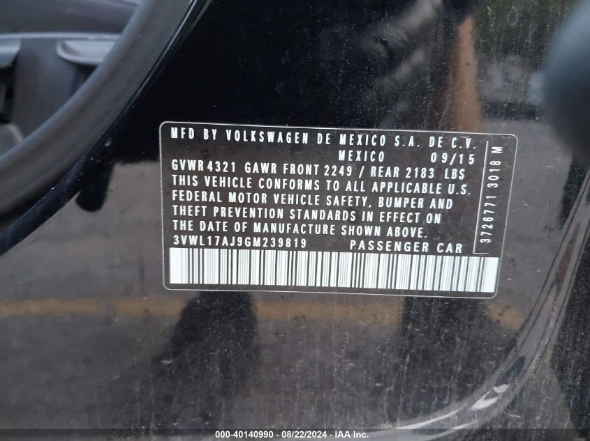 2016 Volkswagen Jetta 1.8T Sel VIN: 3VWL17AJ9GM239819 Lot: 40140990