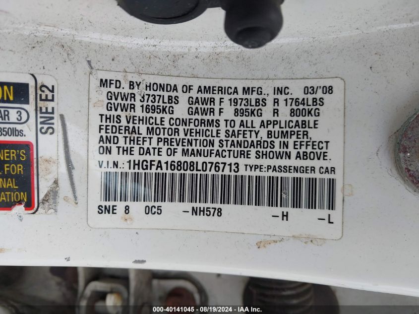 2008 Honda Civic Ex VIN: 1HGFA16808L076713 Lot: 40141045