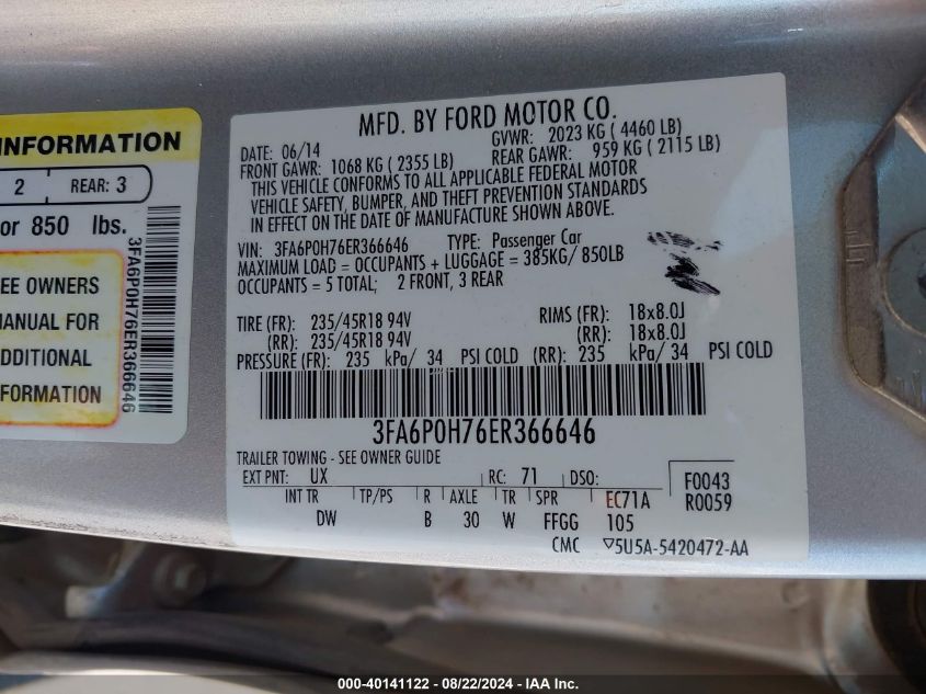 2014 Ford Fusion Se VIN: 3FA6P0H76ER366646 Lot: 40141122