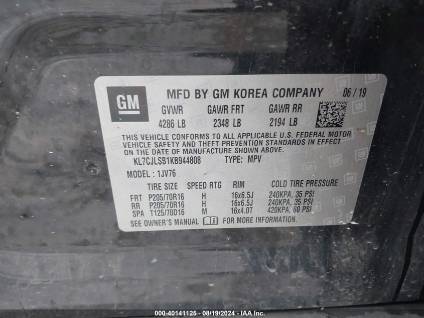 VIN KL7CJLSB1KB944808 2019 CHEVROLET TRAX LT