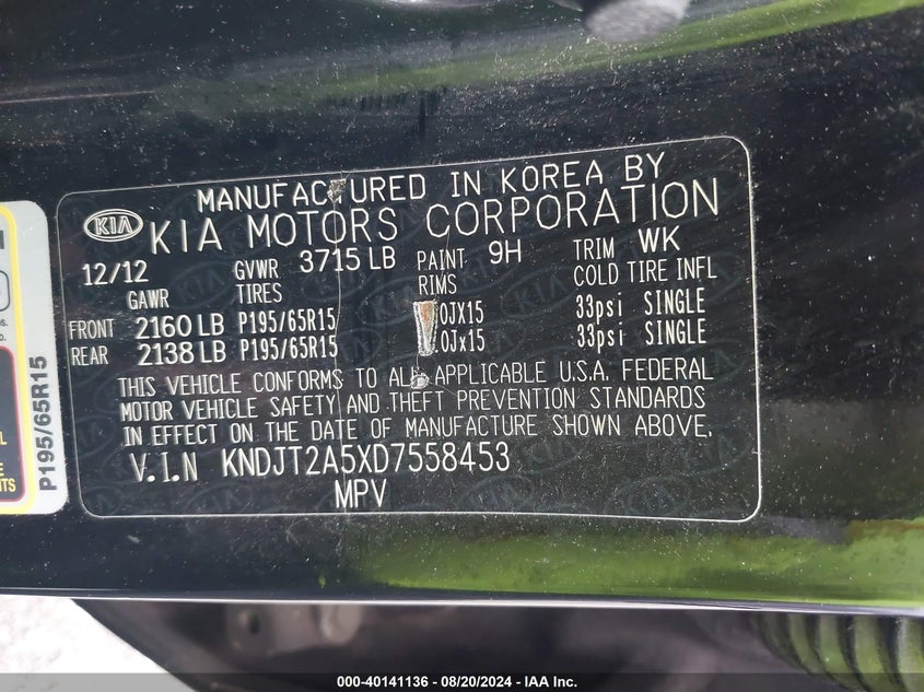 2013 Kia Soul VIN: KNDJT2A5XD7558453 Lot: 40141136