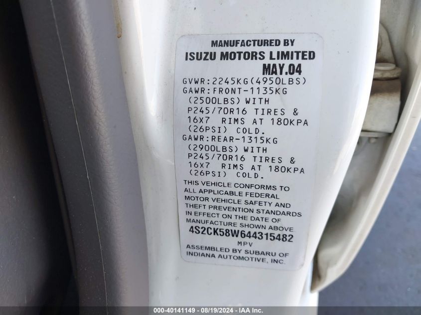 2004 Isuzu Rodeo S 3.2L V6 VIN: 4S2CK58W644315482 Lot: 40141149