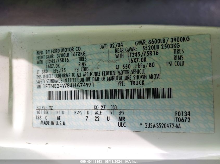 2004 Ford E-250 Commercial/Recreational VIN: 1FTNE24W84HA74971 Lot: 40141153