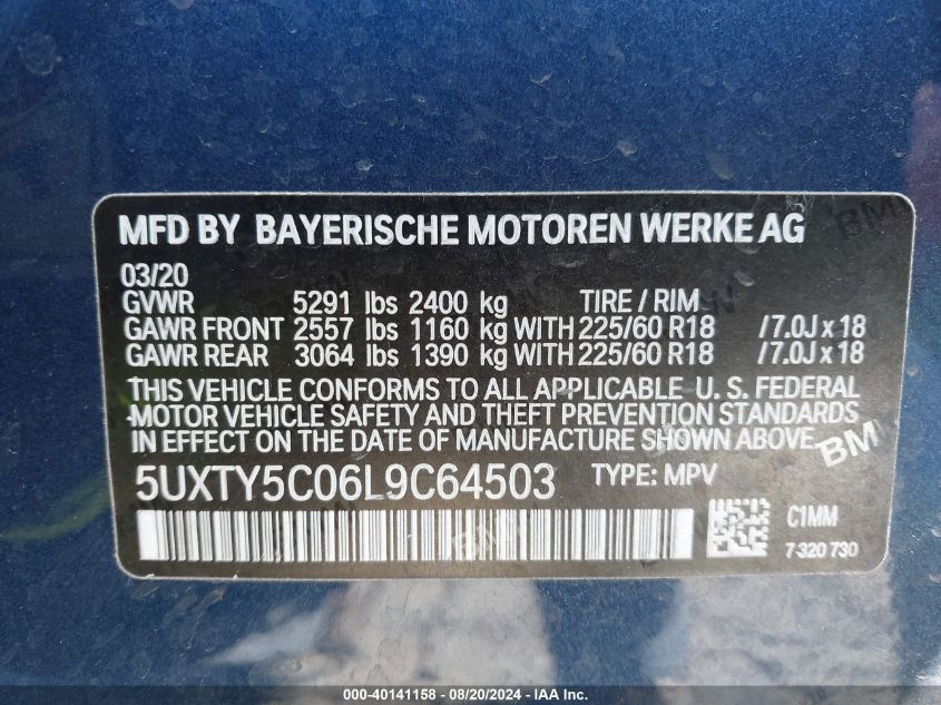 2020 BMW X3 xDrive30I VIN: 5UXTY5C06L9C64503 Lot: 40141158