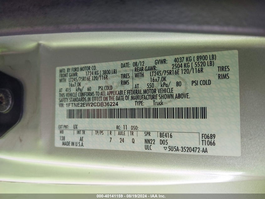 1FTNE2EW2CDB36224 2012 Ford E-250 Commercial