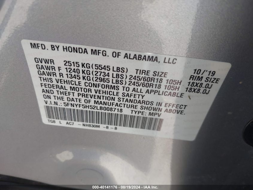 2020 Honda Pilot 2Wd Ex-L VIN: 5FNYF5H52LB008718 Lot: 40141176