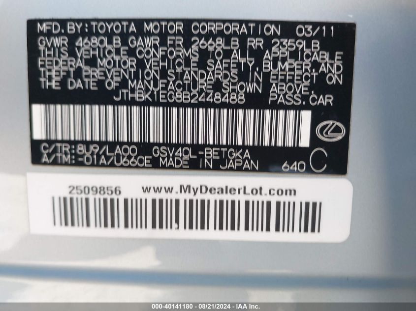 2011 Lexus Es 350 VIN: JTHBK1EG8B2448488 Lot: 40141180