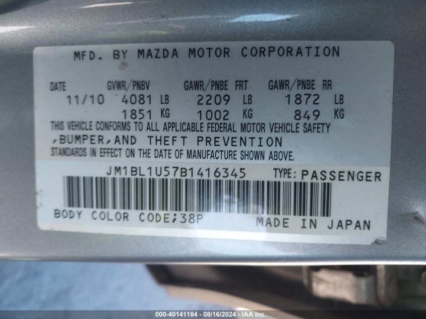 2011 Mazda Mazda3 S Sport VIN: JM1BL1U57B1416345 Lot: 40141184