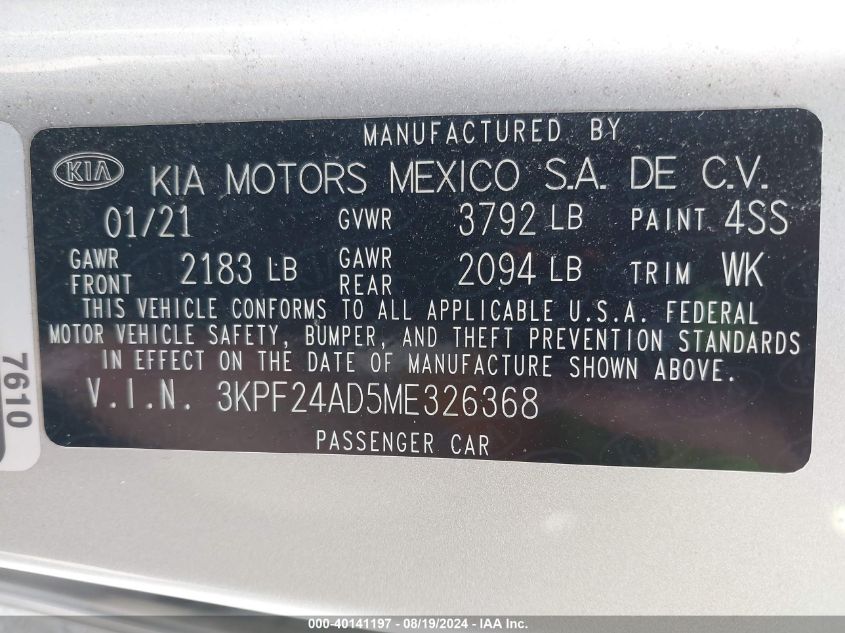 2021 Kia Forte Lxs VIN: 3KPF24AD5ME326368 Lot: 40141197